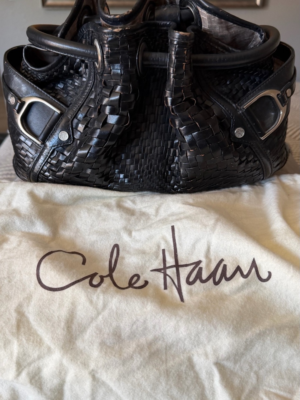Cole Haan Black Woven Leather Hobo with Silver-Tone Accents